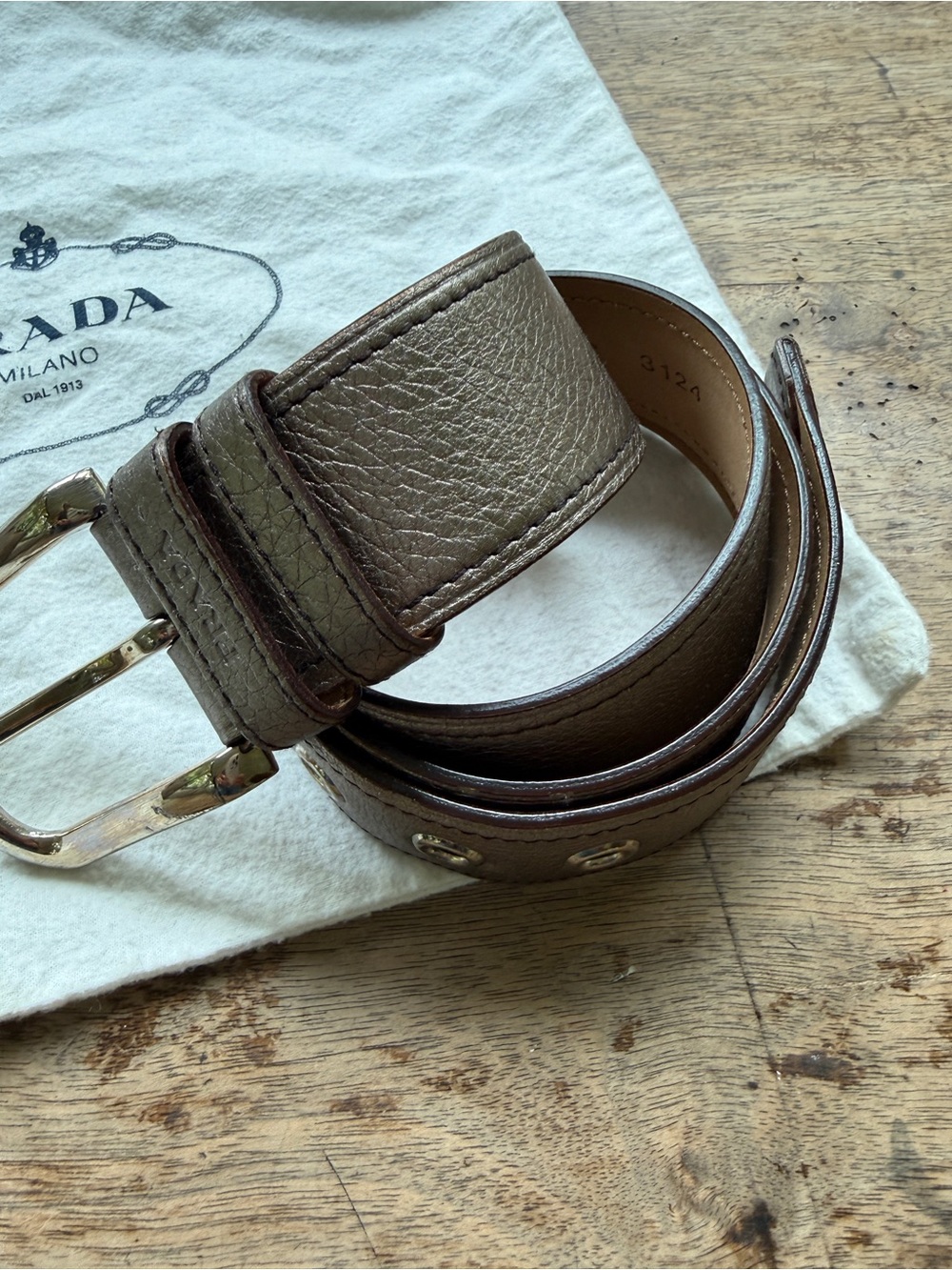 Prada Womens Metallic Taupe Leather Belt with Silver Tone Buckle Sz 85